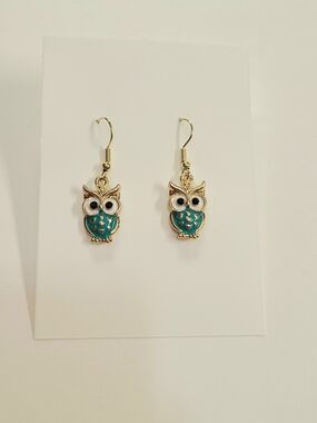 Gold Owl Drop Earrings with Teal Enamel
